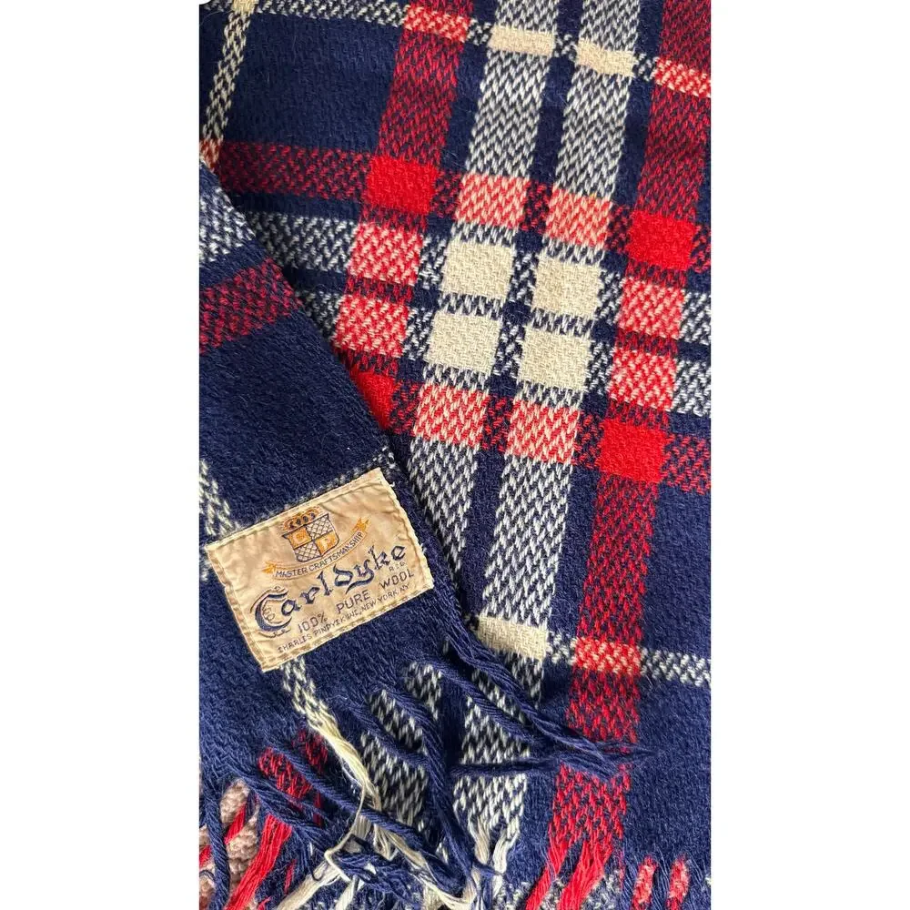 1960s CarlDyke Tartan Wool Stadium Blanket Red Navy Plaid Fringe 51x38